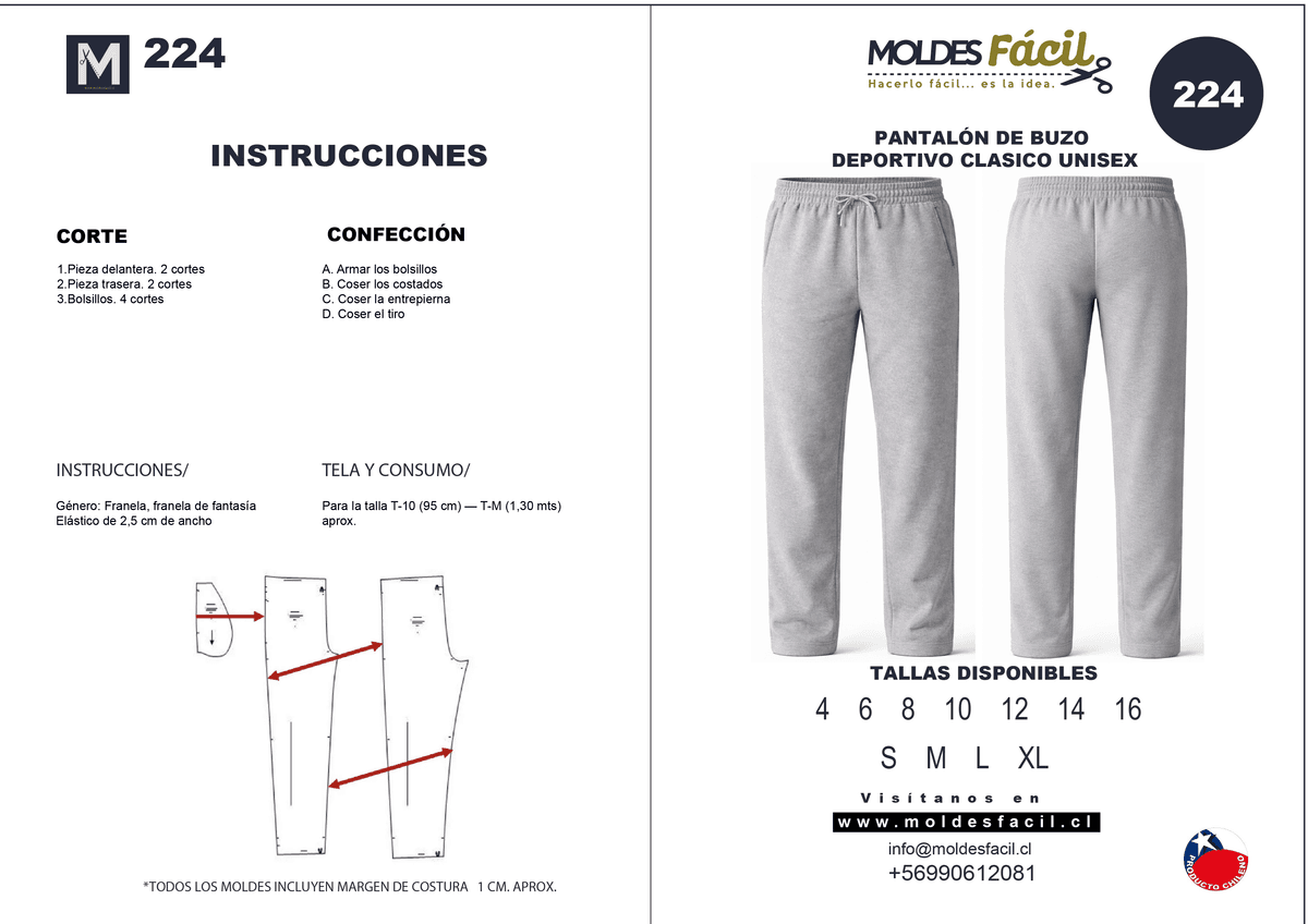 Patrón de costura Pantalon deportivo clasico unisex — Moldes Fácil