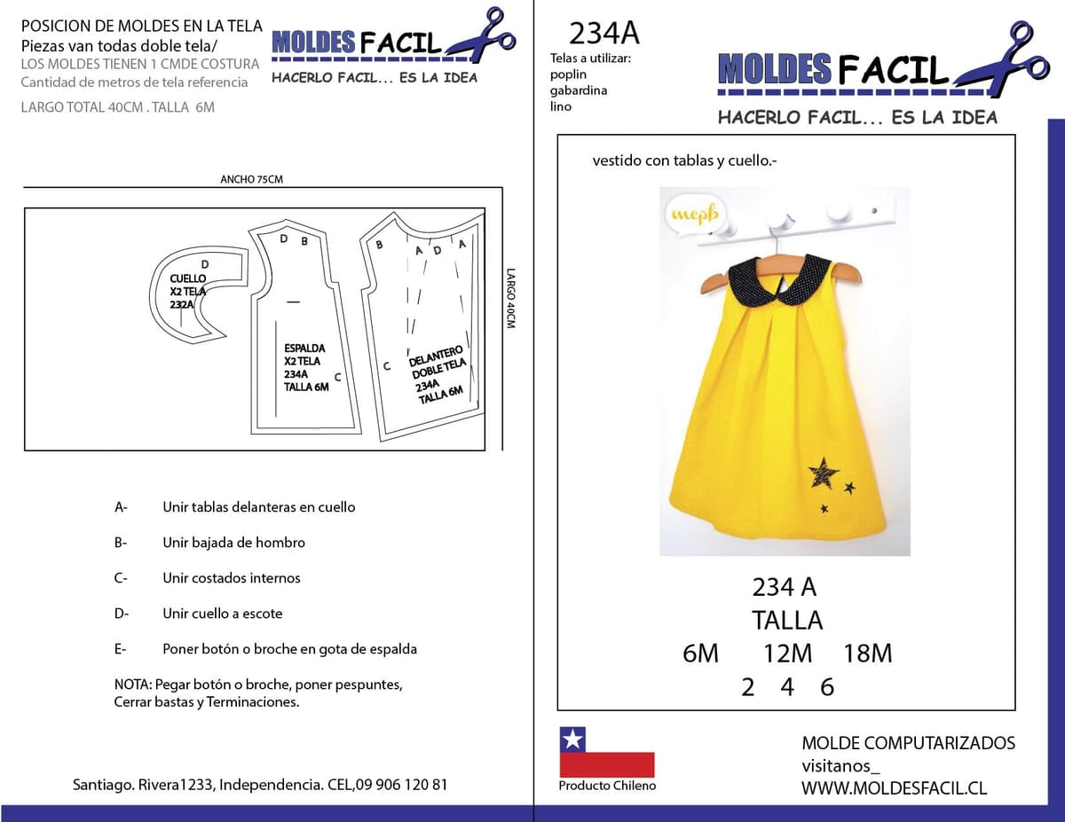 Patrón de costura Vestido con tablas y cuello — Moldes Fácil