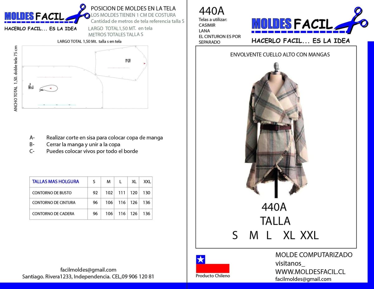 Patrón de costura ABRIGO ENVOLVENTE CUELLO ALTO CON MANGAS — Moldes Fácil