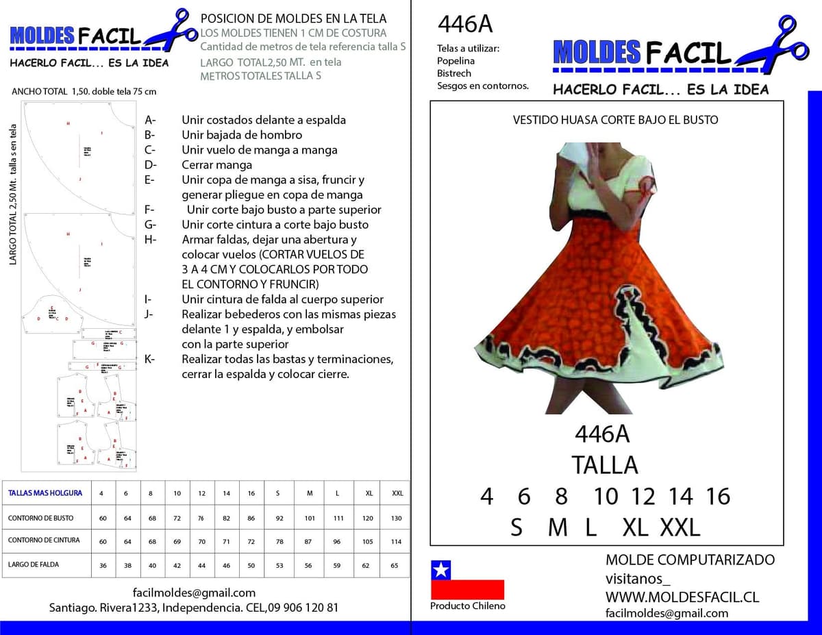 Patrón de costura Vestido de Huasa con Corte Bajo el Busto — Moldes Fácil