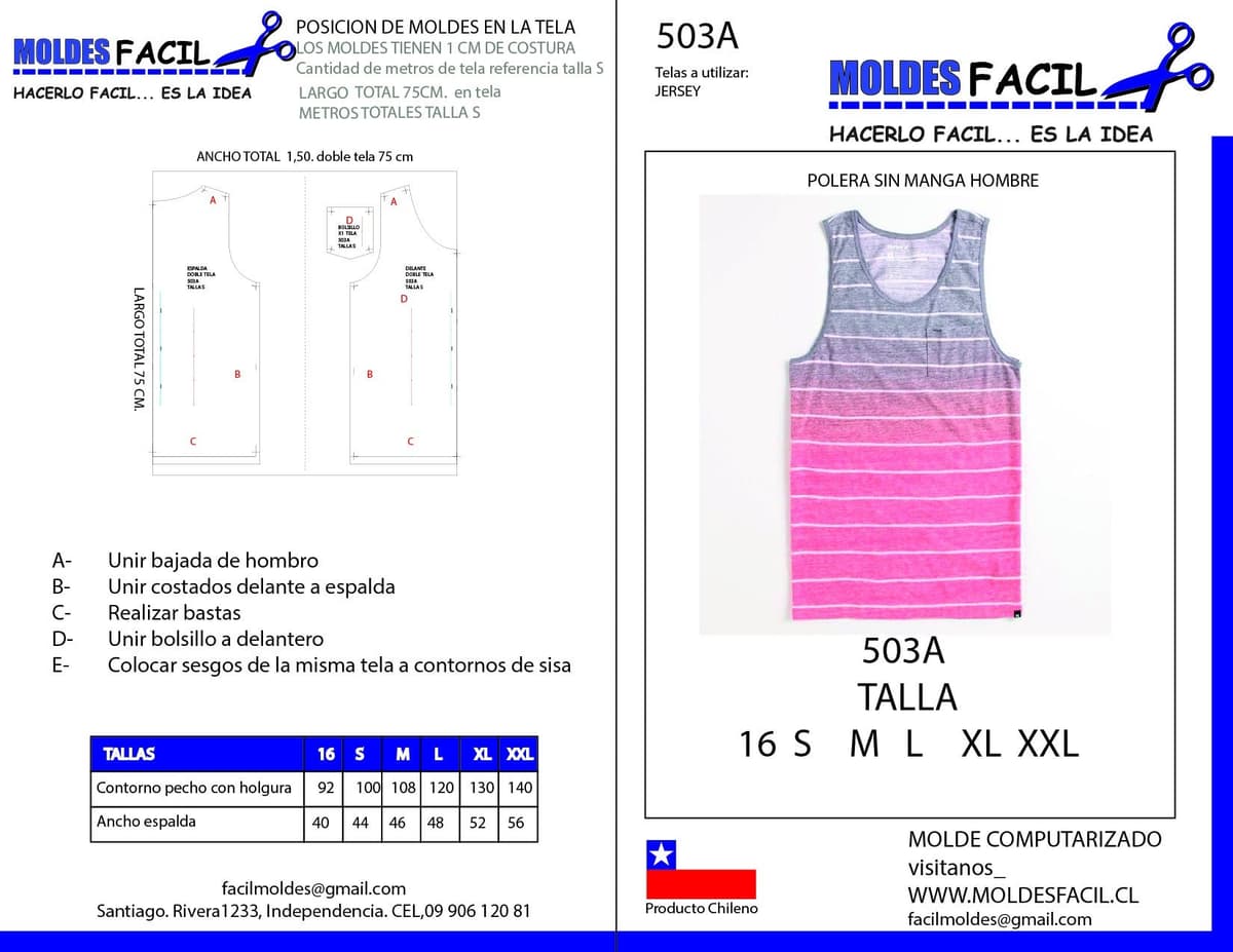 Patrón de costura POLERA SIN MANGA HOMBRE — Moldes Fácil