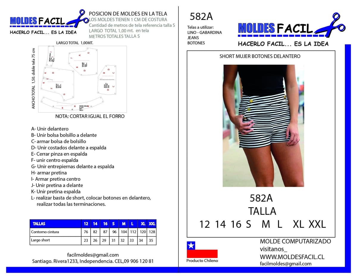 Patrón de costura Short mujer botones delantero — Moldes Fácil