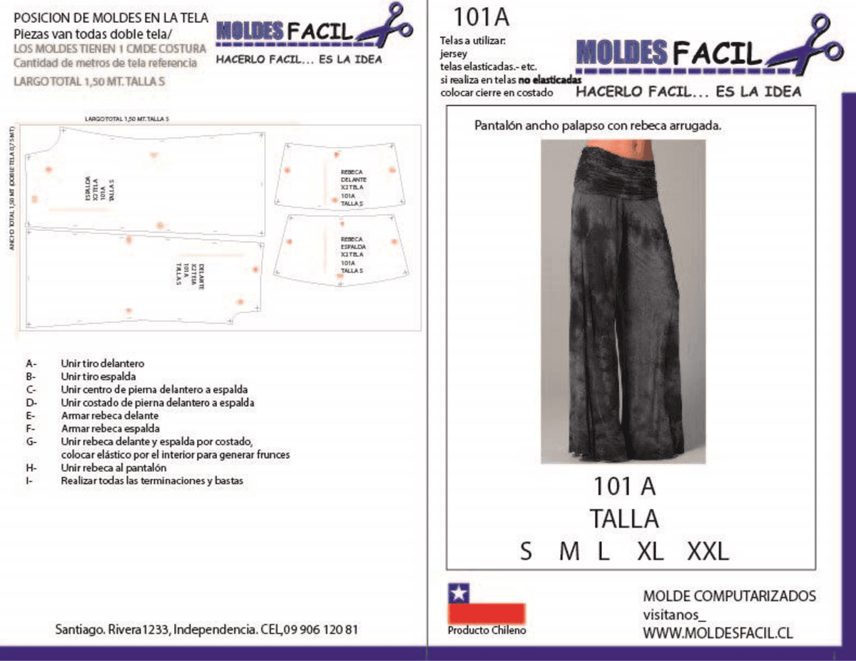Patrón de costura Pantalón ancho palapso con rebeca arrugada — Moldes Fácil