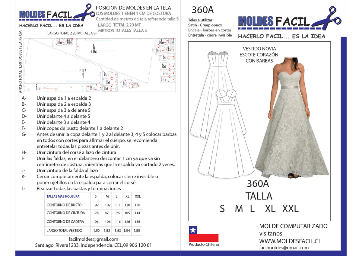 Patrón de costura Vestido de novia escote corazón con barbas — Moldes Fácil