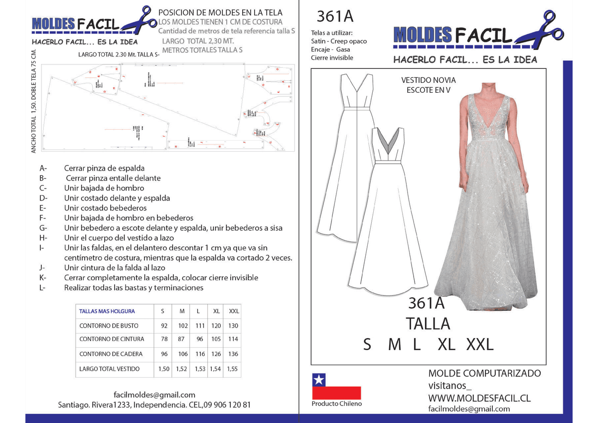 Patrón de costura Vestido de novia escote en V — Moldes Fácil