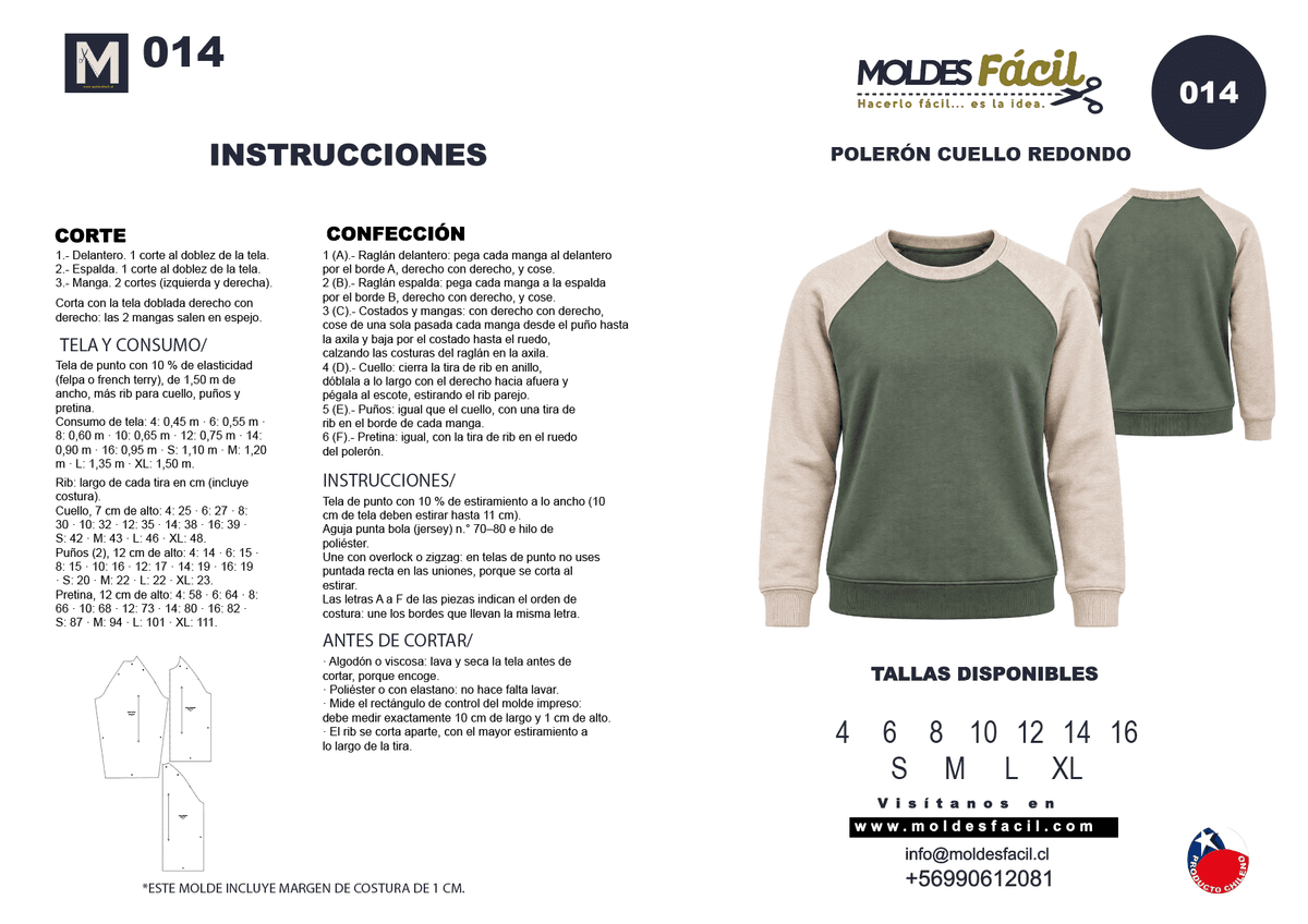 Patrón de costura Poleron manga raglan cuello redondo — Moldes Fácil