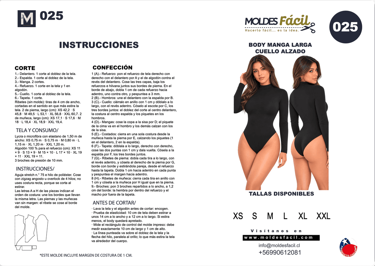 Patrón de costura Body manga larga cuello alzado — Moldes Fácil