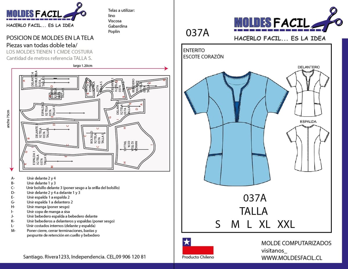 Patrón de costura Blusa Enterito Escote Corazón — Moldes Fácil