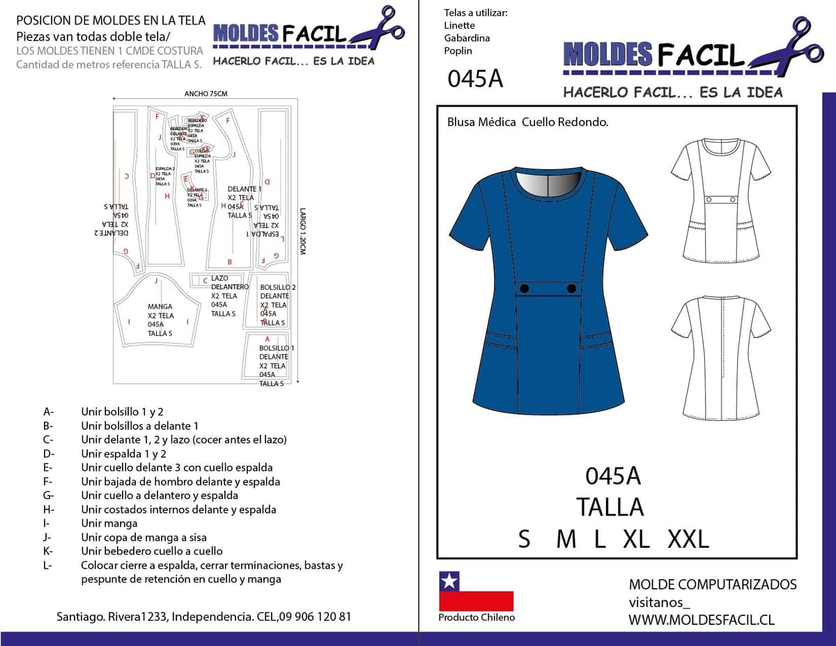Patrón de costura Blusa Médica Cuello Redondo — Moldes Fácil