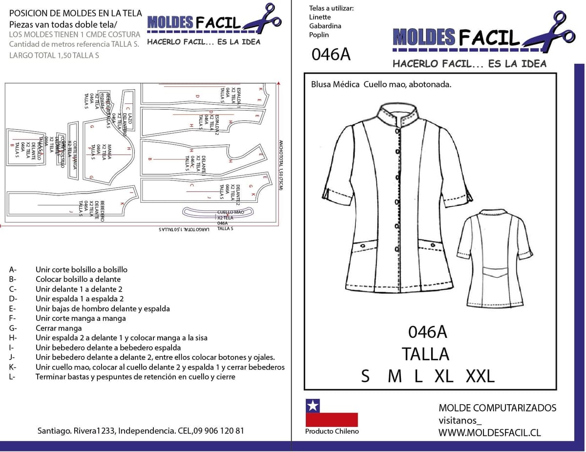 Patrón de costura Blusa Médica Cuello Mao Abotonada — Moldes Fácil