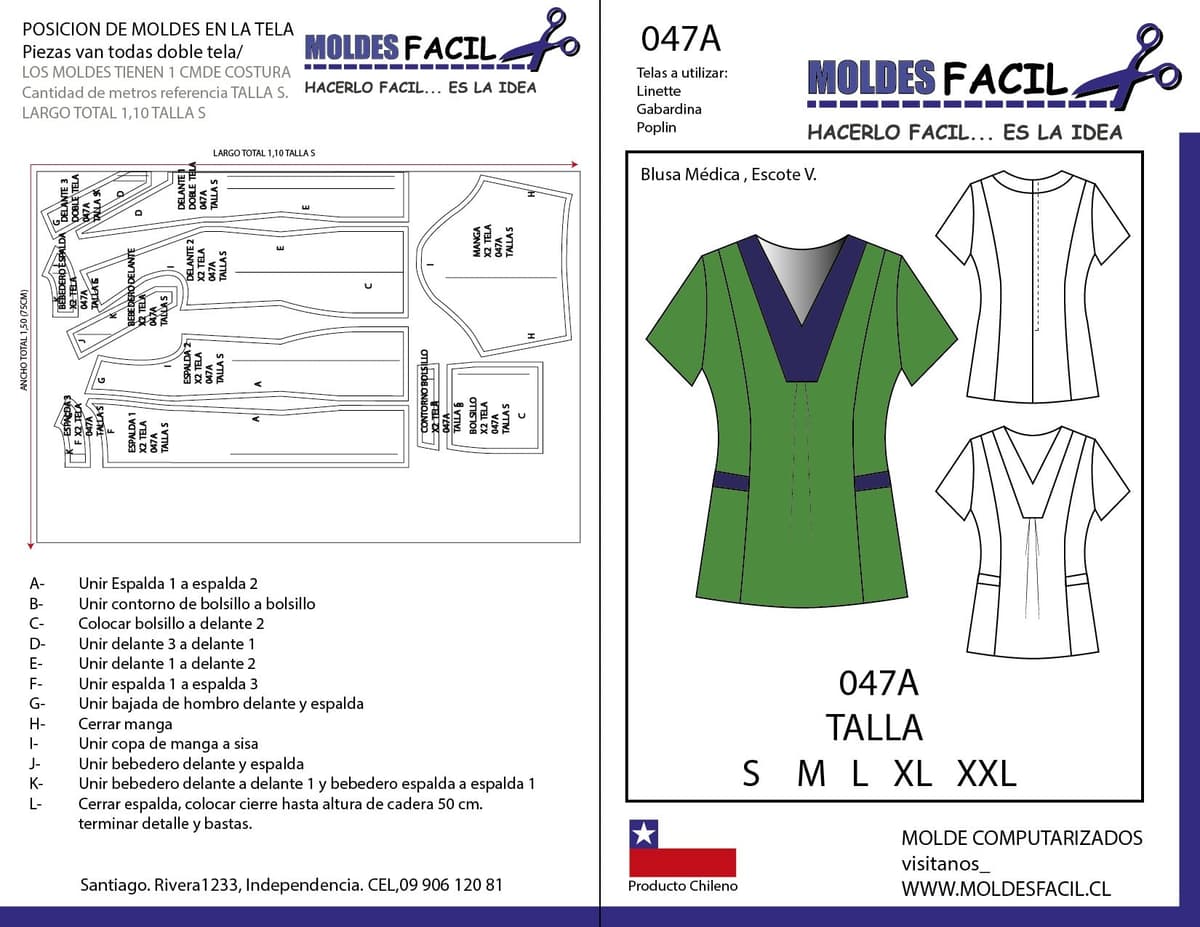Patrón de costura Blusa Médica Escote en V — Moldes Fácil