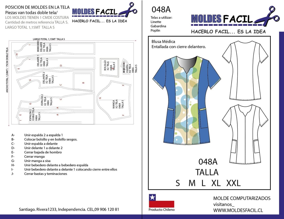 Patrón de costura Blusa Médica Entallada con Cierre Delantero — Moldes Fácil