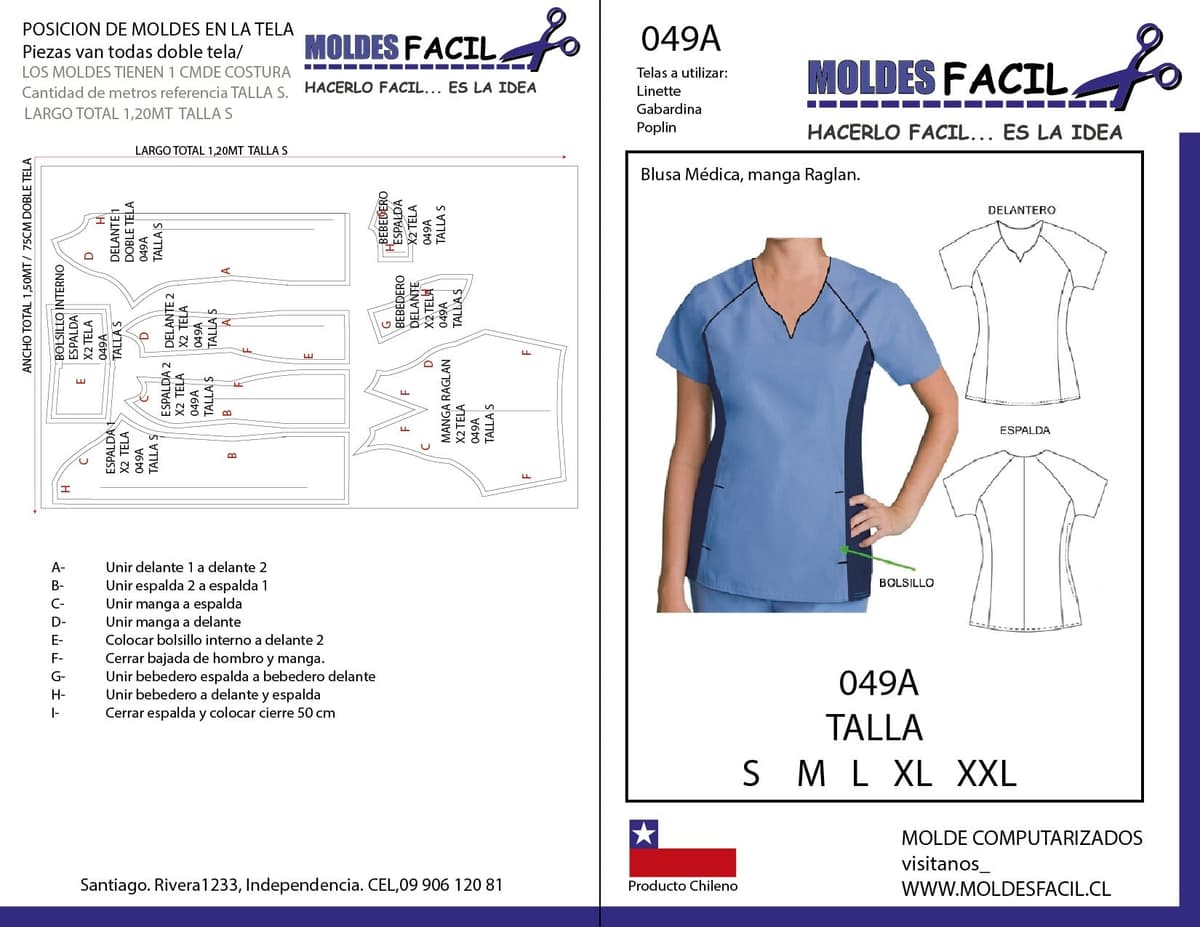 Patrón de costura Blusa Médica Manga Raglan — Moldes Fácil
