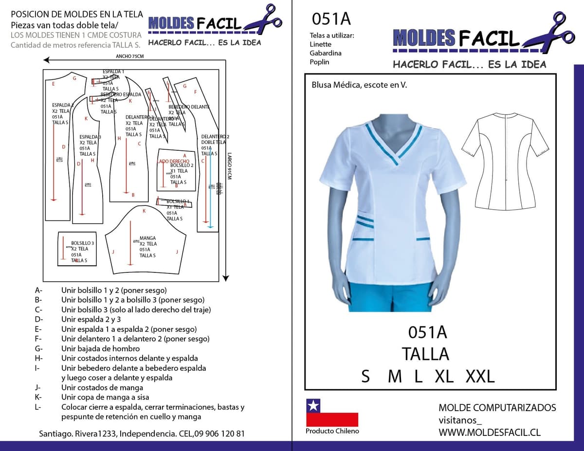 Patrón de costura Blusa Médica Escote en V — Moldes Fácil