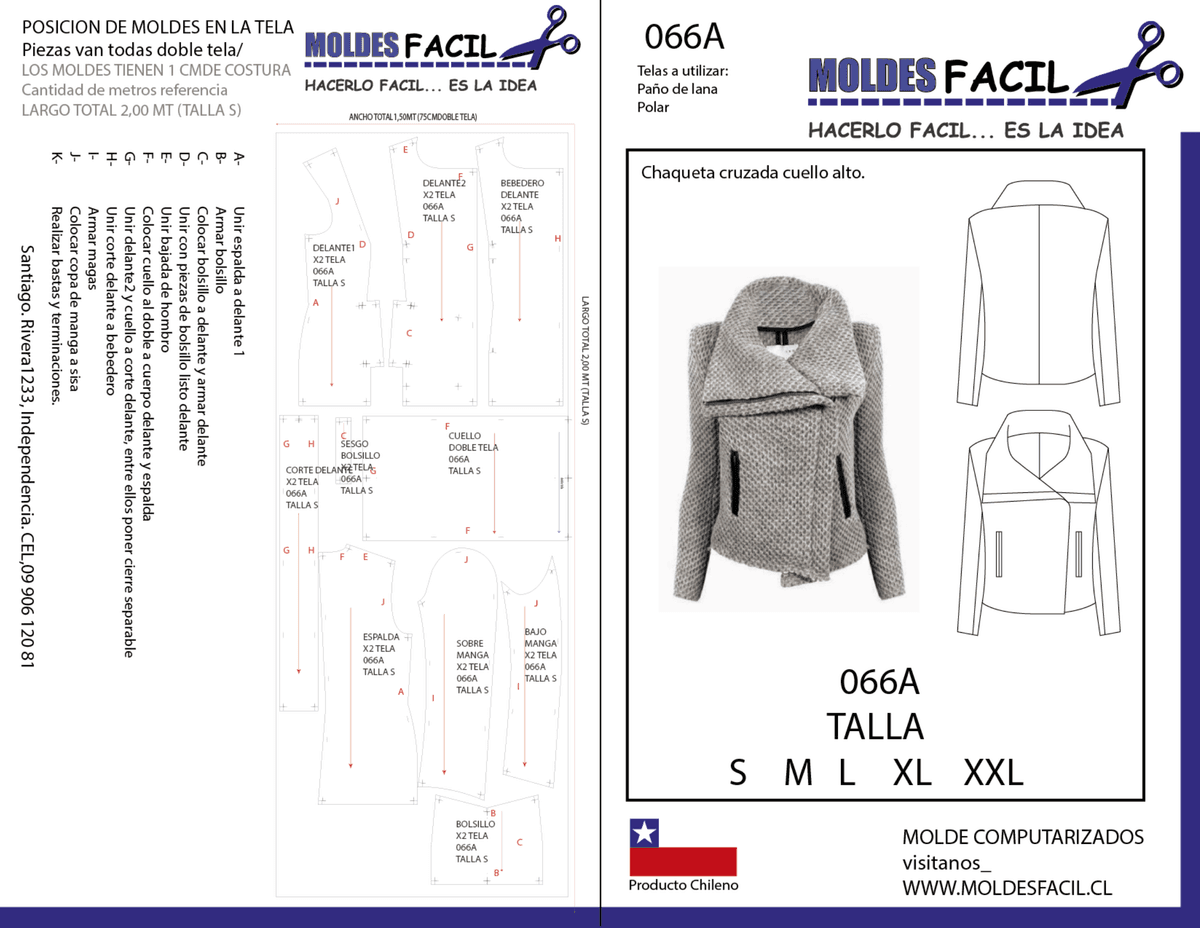 Patrón de costura CHAQUETA CRUZADA CUELLO ALTO — Moldes Fácil