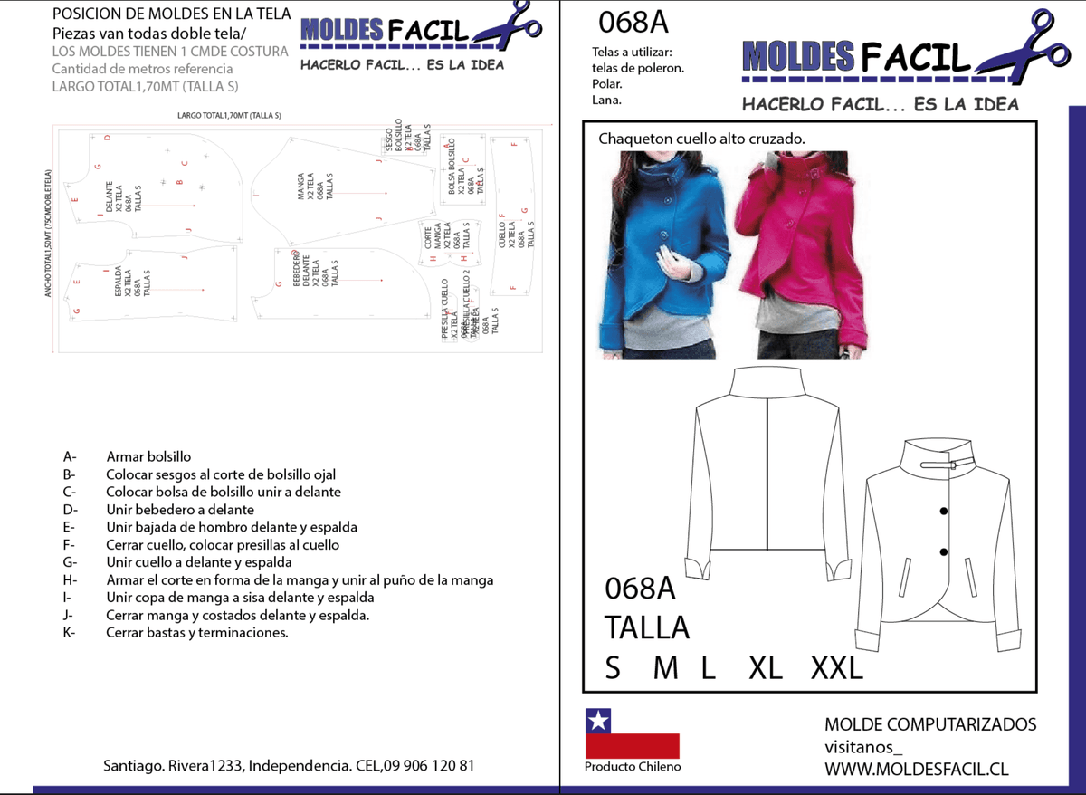 Patrón de costura CHAQUETON CUELLO ALTO CRUZADO — Moldes Fácil