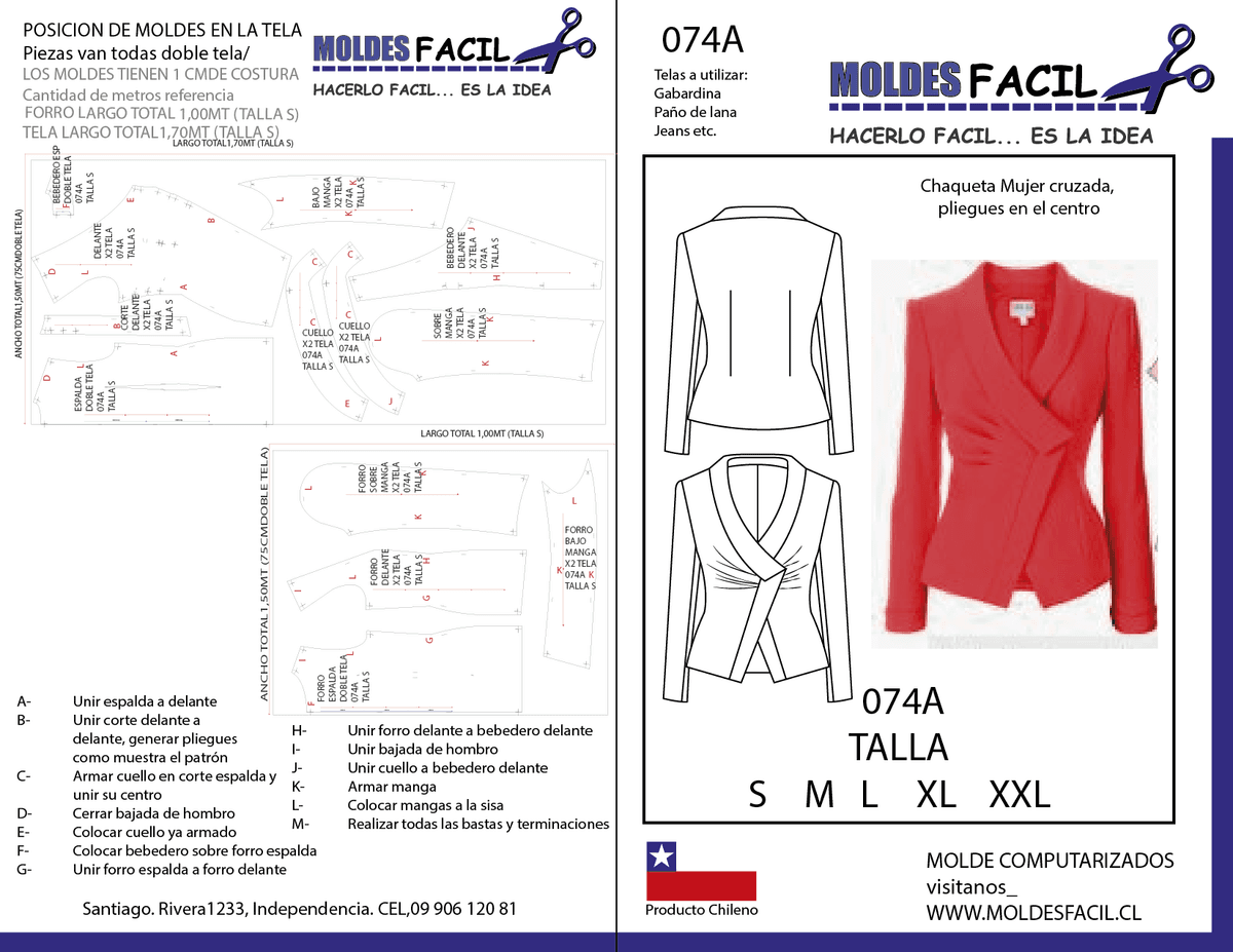 Patrón de costura CHAQUETA MUJER CRUZADA, PLIEGUES EN EL CENTRO — Moldes Fácil