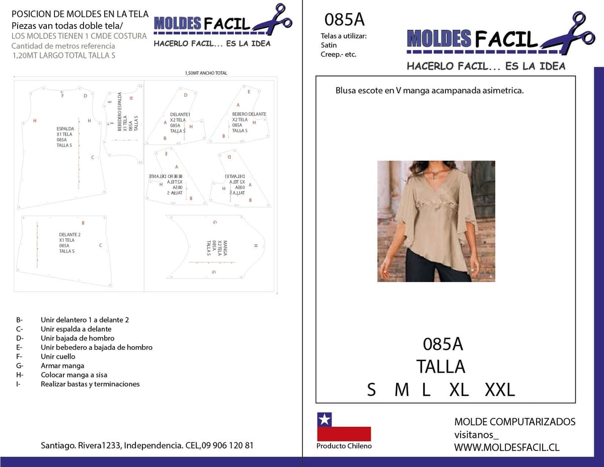 Patrón de costura BLUSA ESCOTE EN V MANGA ACAMPANADA ASIMETRICA — Moldes Fácil