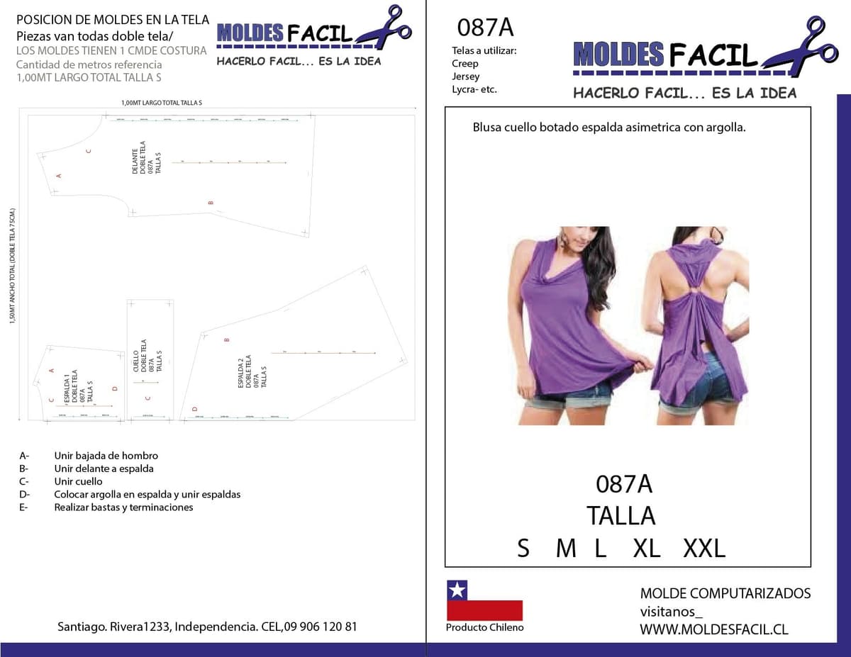 Patrón de costura BLUSA CUELLO BOTADO ESPALDA ASIMETRICA CON ARGOLLA — Moldes Fácil