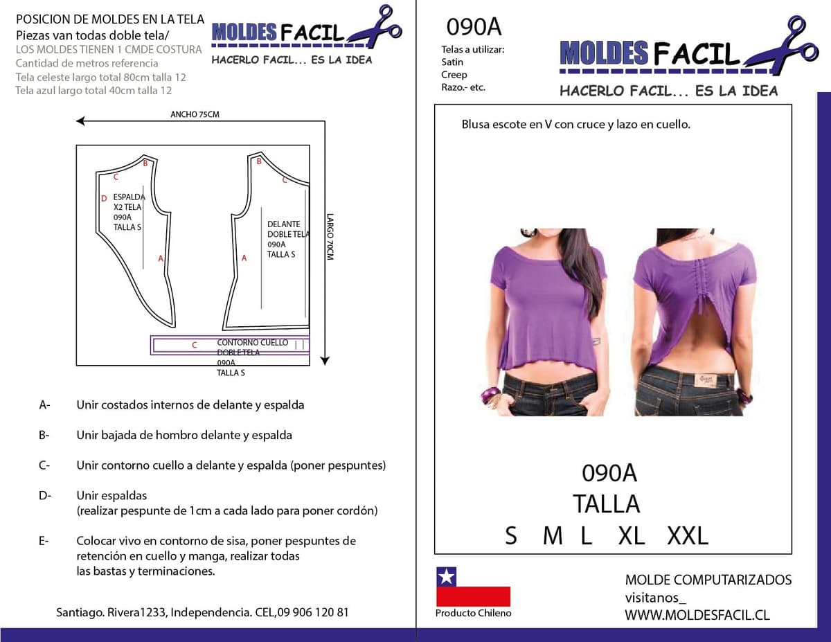 Patrón de costura BLUSA ESCOTE EN V CON CRUCE Y LAZO EN CUELLO — Moldes Fácil