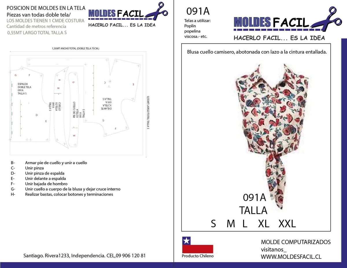 Patrón de costura BLUSA CUELLO CAMISERO ABOTONADA CON LAZO A LA CINTURA — Moldes Fácil