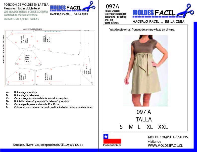 Patrón de costura Vestido Maternal Frunces Delantero y Lazo en Cintura — Moldes Fácil