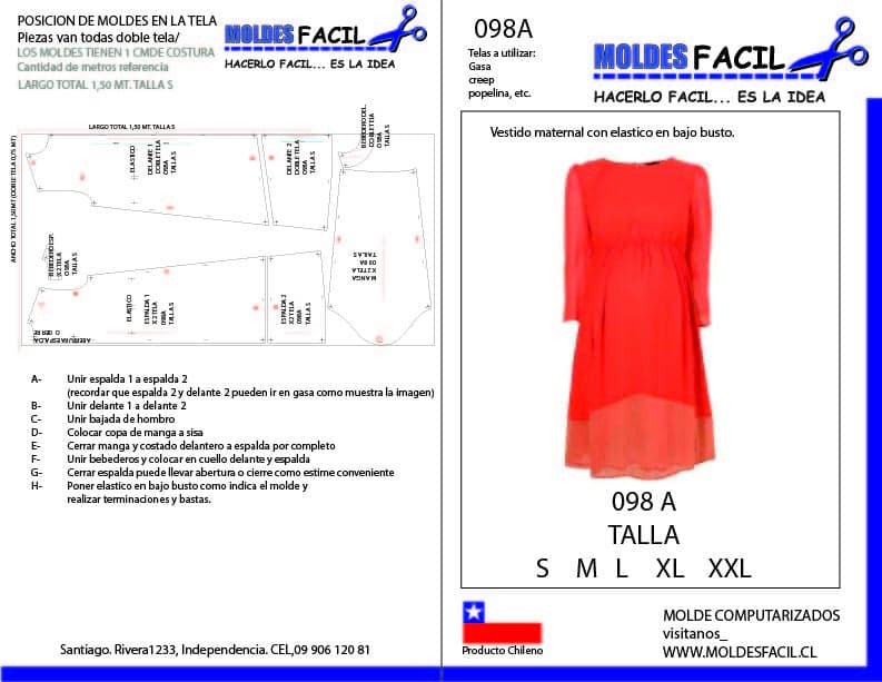 Patrón de costura Vestido Maternal con Elástico Bajo Busto — Moldes Fácil