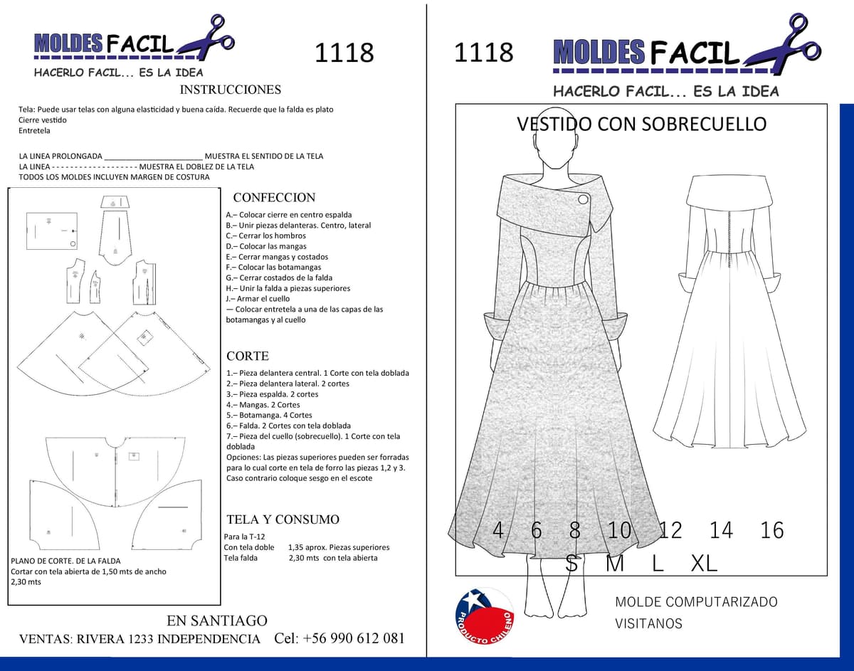 Patrón de costura Vestido Con Sobre Cuello — Moldes Fácil