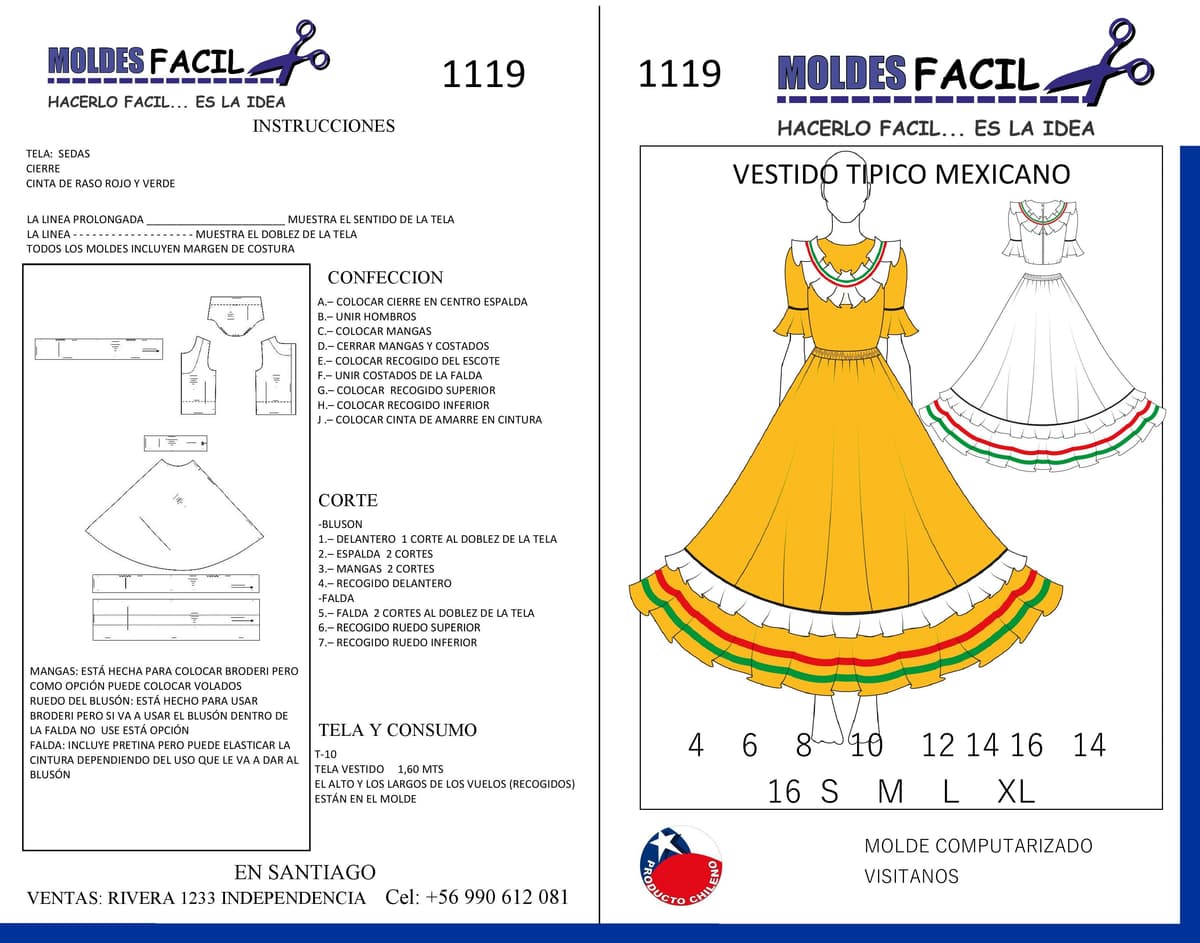 Patrón de costura Vestido Típico Mexicano — Moldes Fácil