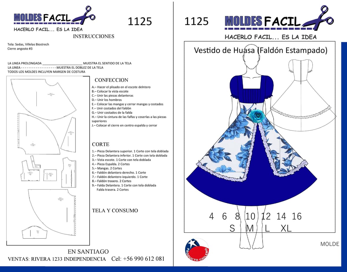 Patrón de costura Vestido de Huasa Faldón Estampado — Moldes Fácil