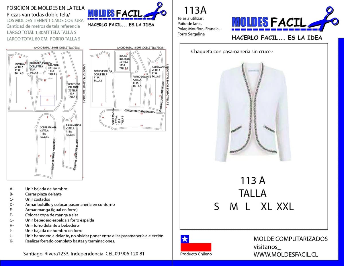 Patrón de costura CHAQUETA CON PASAMANERIA SIN CRUCE — Moldes Fácil