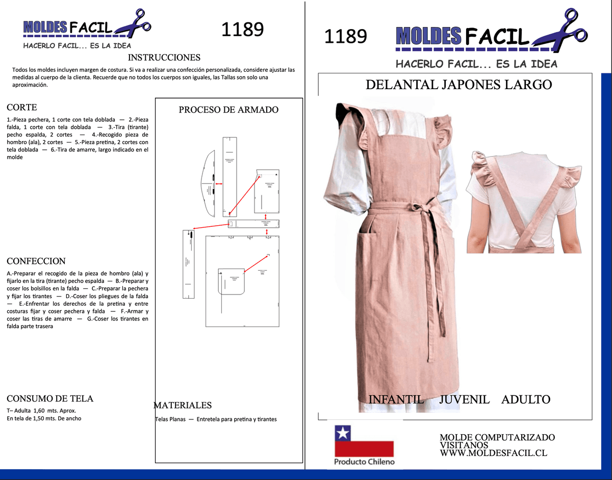Patrón de costura Delantal Japones Largo — Moldes Fácil