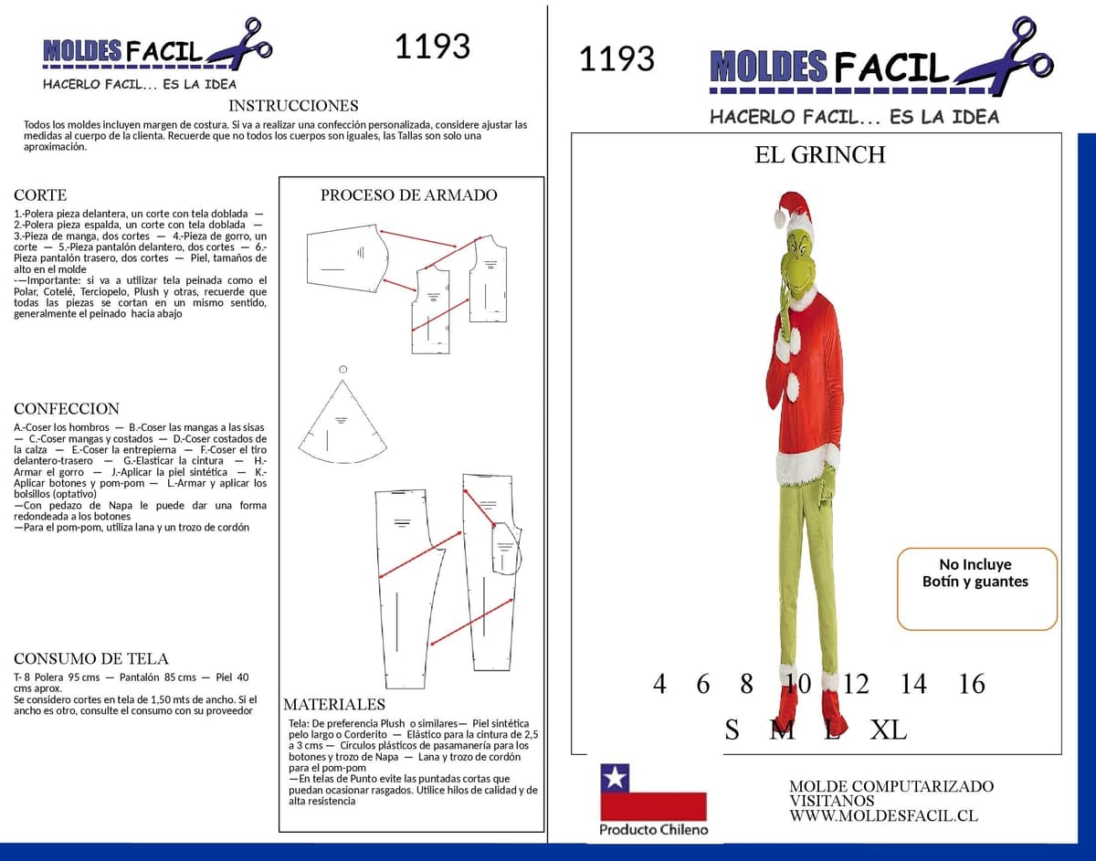 Patrón de costura El Grinch (no incluye botín ni guantes) — Moldes Fácil