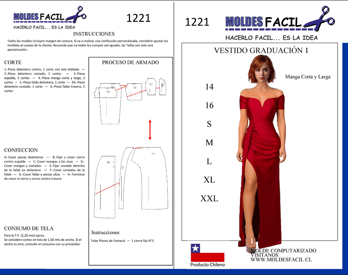 Patrón de costura Vestido graduación #1 manga corta y larga — Moldes Fácil