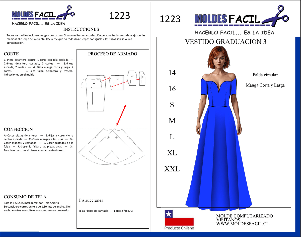 Patrón de costura Vestido graduación #3 Falda circular manga corta y larga — Moldes Fácil