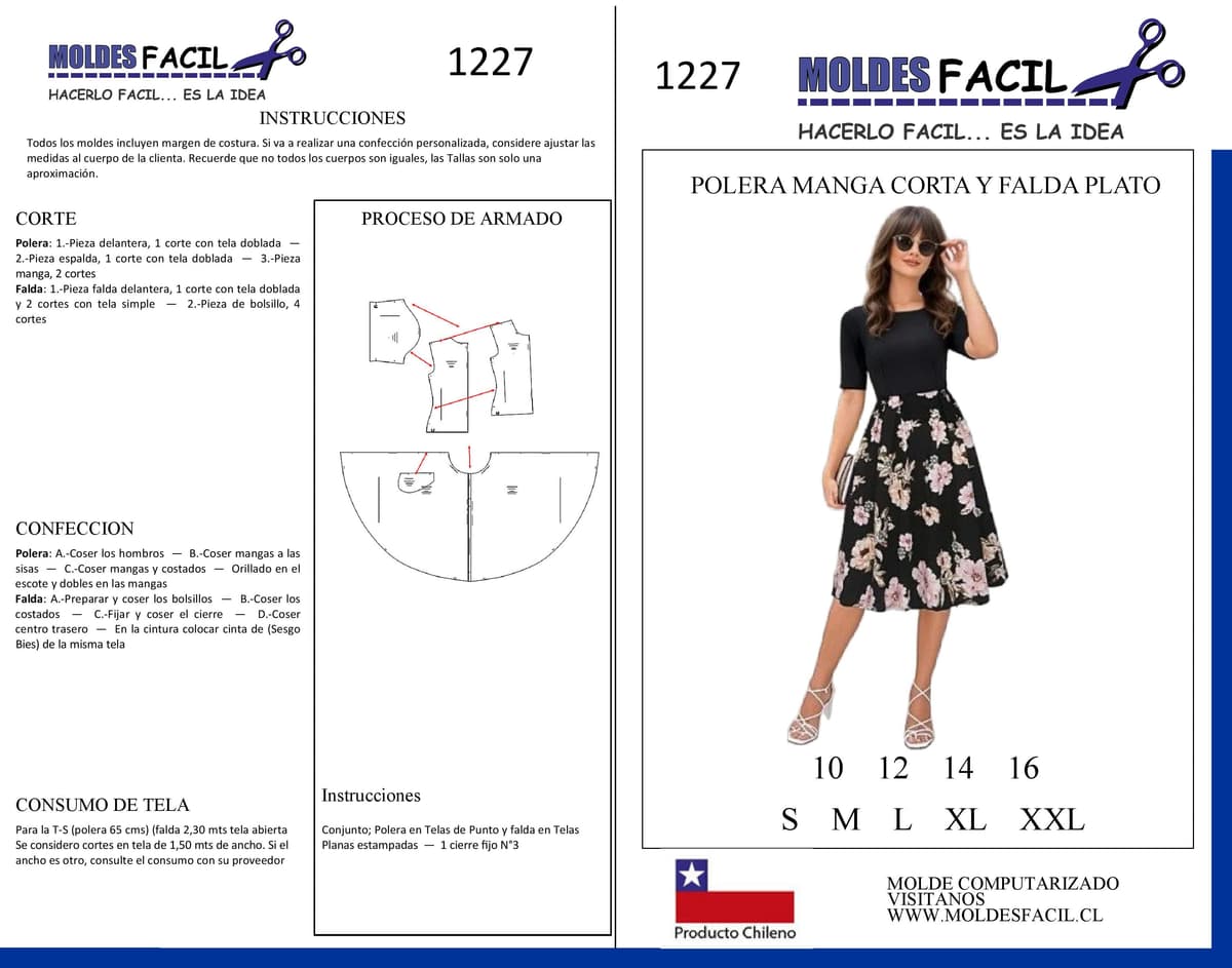 Patrón de costura Poleras manga corta y falda plato — Moldes Fácil