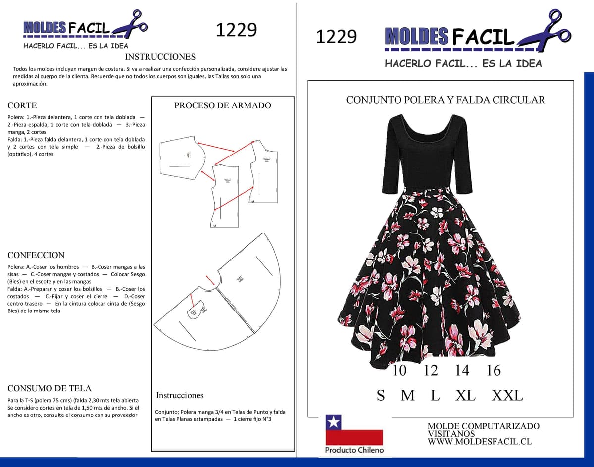 Patrón de costura Conjunto polera y falda circular — Moldes Fácil