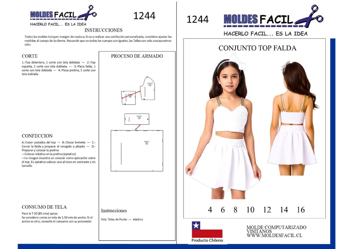Patrón de costura Conjunto Top falda infantil — Moldes Fácil