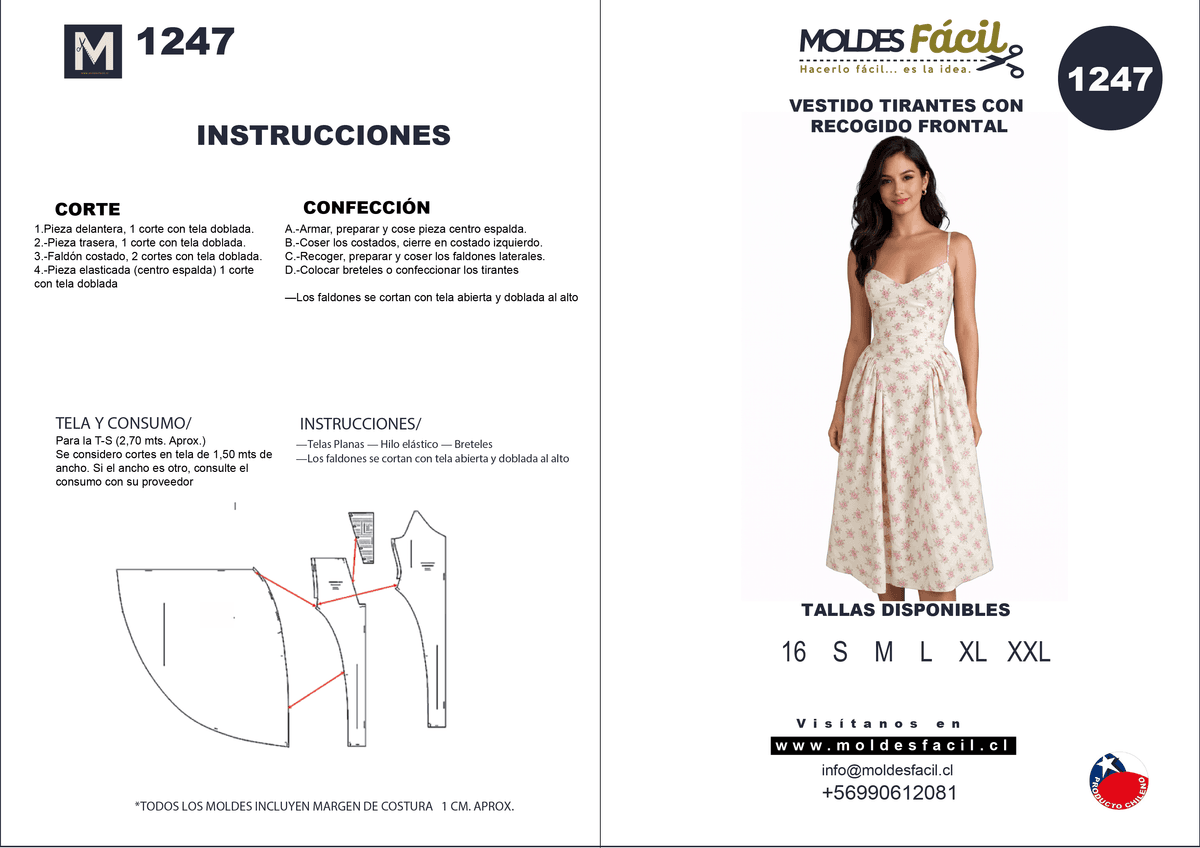 Patrón de costura Vestido tirantes con recogido frontal — Moldes Fácil