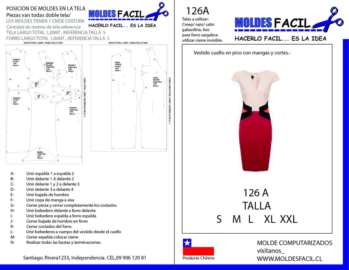 Patrón de costura Vestido Cuello en Pico con Mangas y Corte — Moldes Fácil