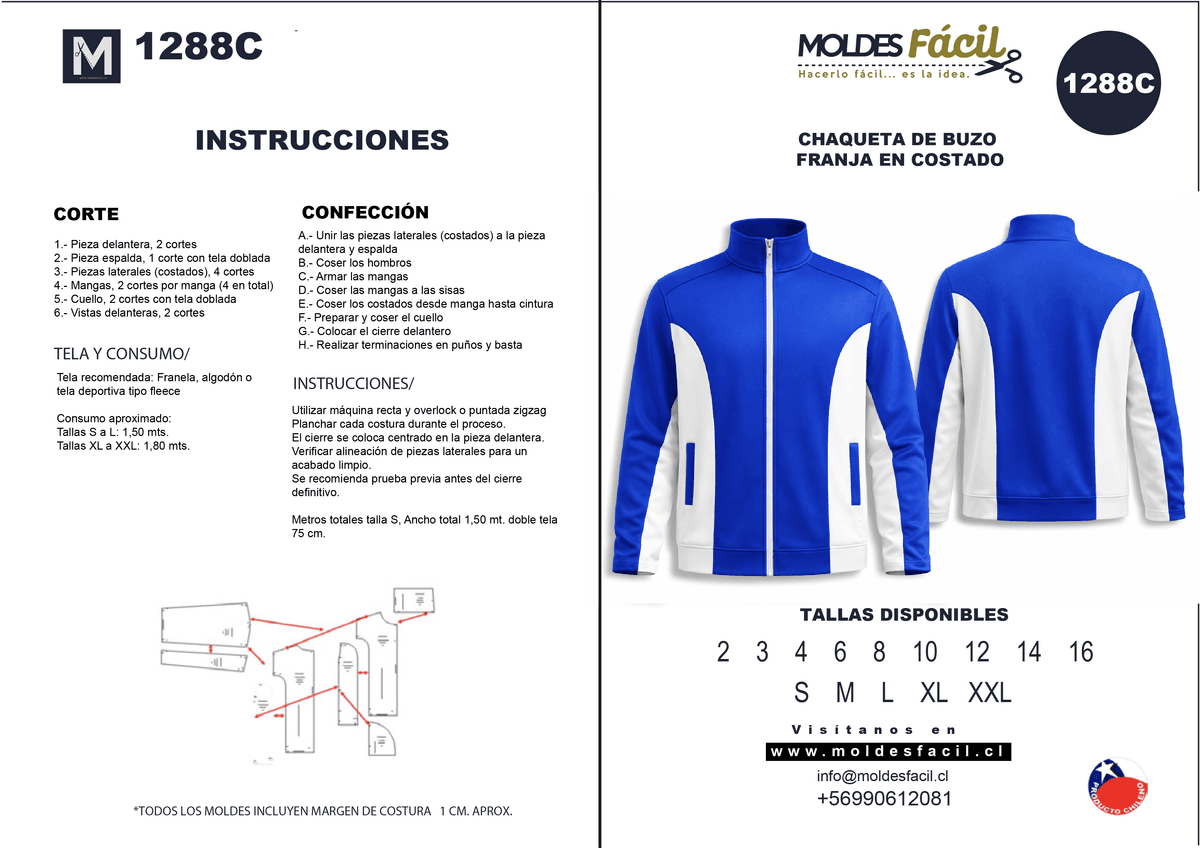 Patrón de costura Chaqueta de buzo franja en costado — Moldes Fácil