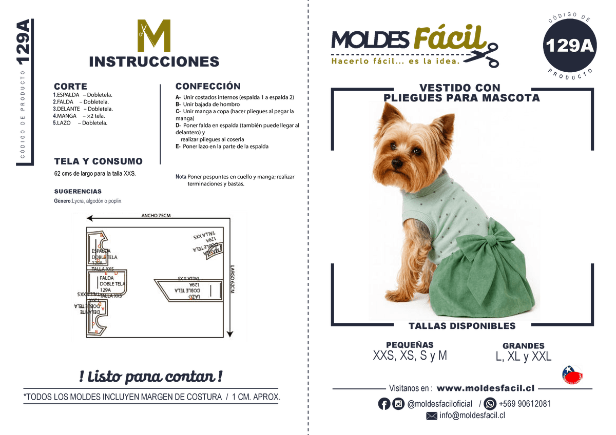 Patrón de costura Vestido con pliegues para mascotas — Moldes Fácil