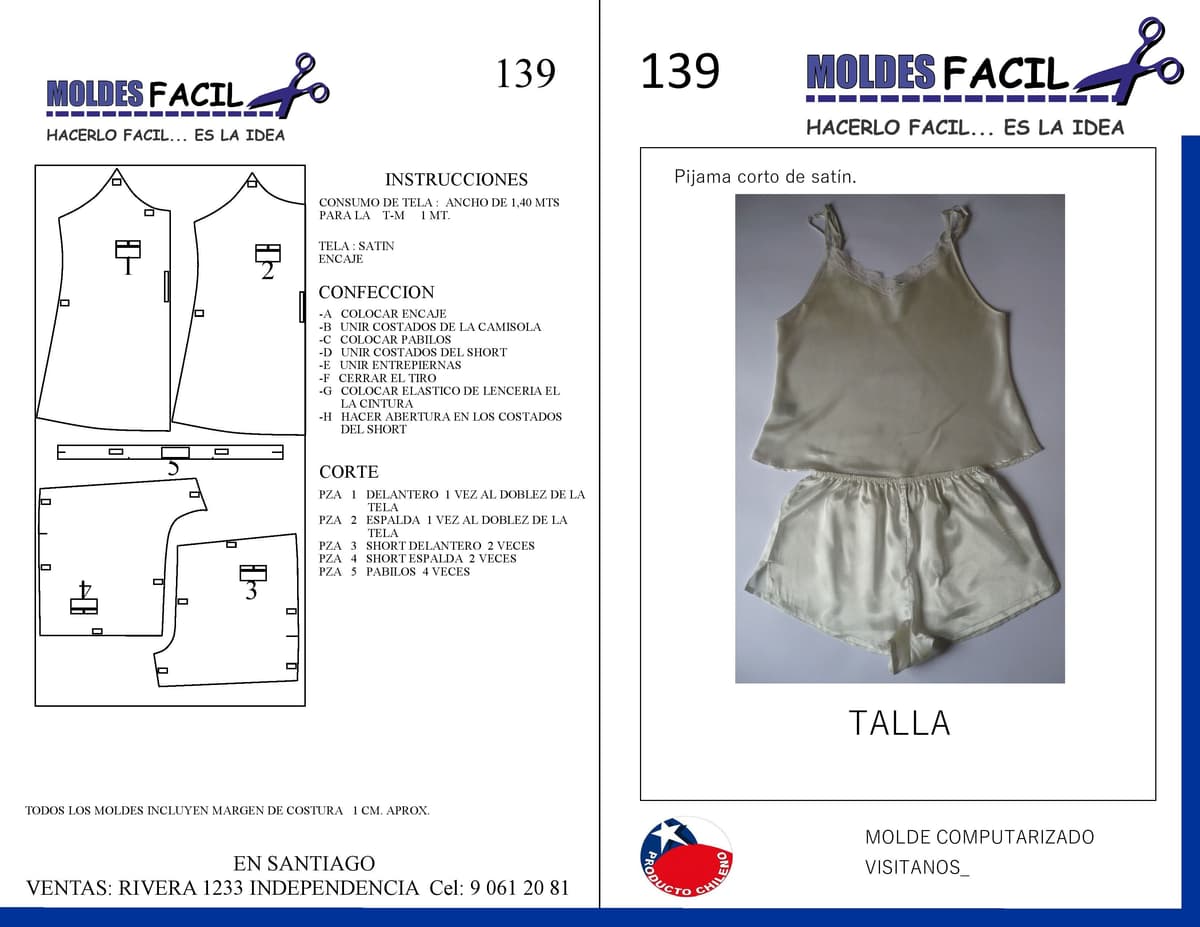 Patrón de costura Pijama corto de satín — Moldes Fácil