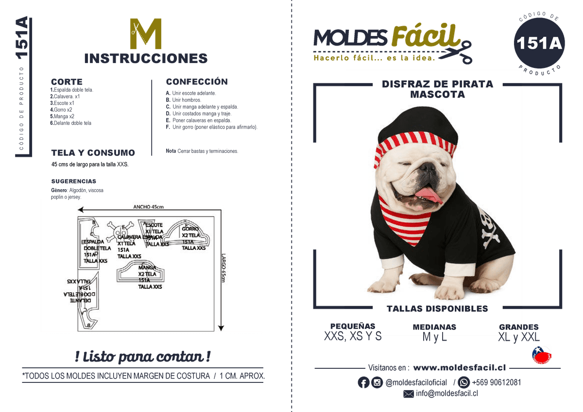 Patrón de costura Disfraz de pirata mascota — Moldes Fácil