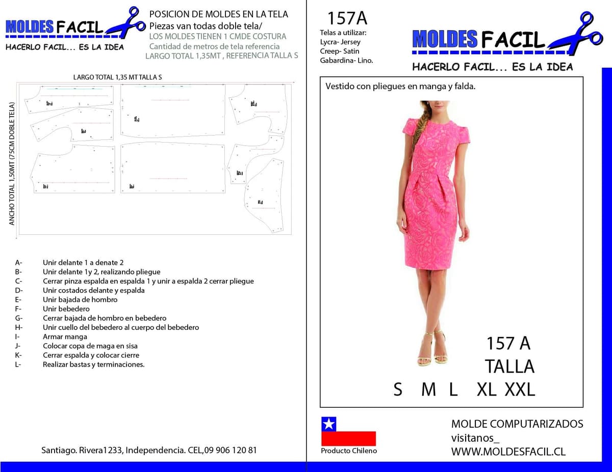 Patrón de costura Vestido Con Pliegues en Manga y Falda — Moldes Fácil