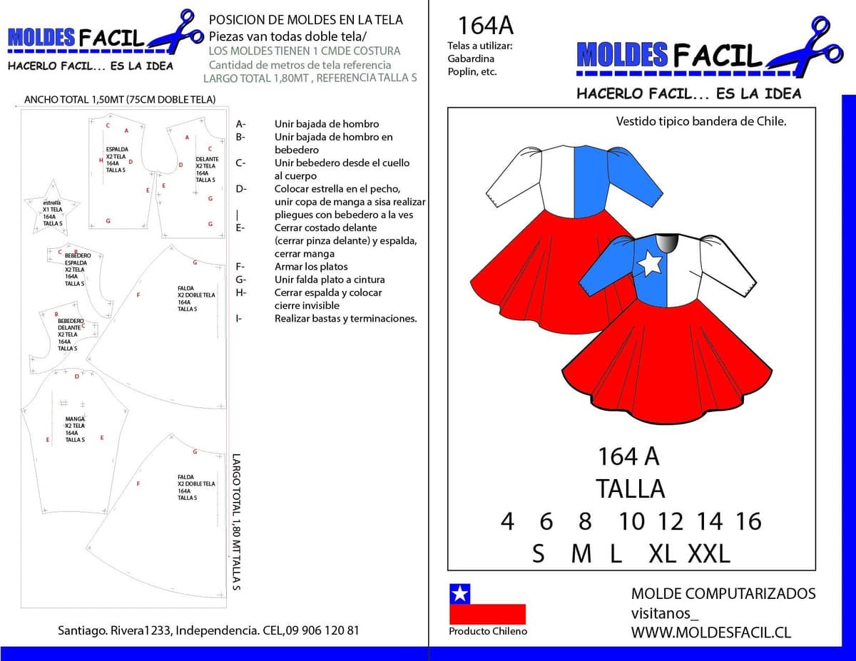 Patrón de costura Vestido Típico Bandera de Chile — Moldes Fácil