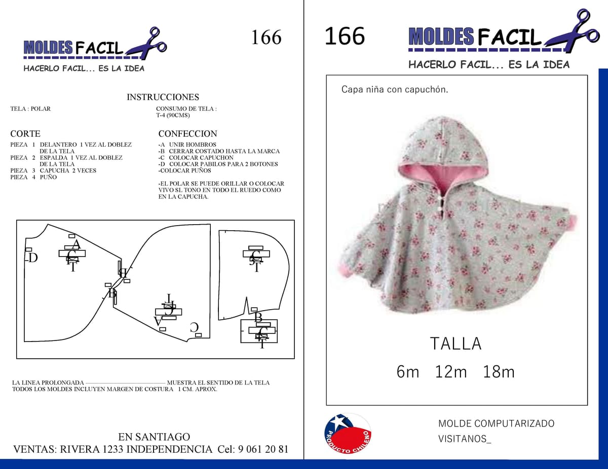 Patrón de costura Molde de Capa de niña con capuchón — Moldes Fácil