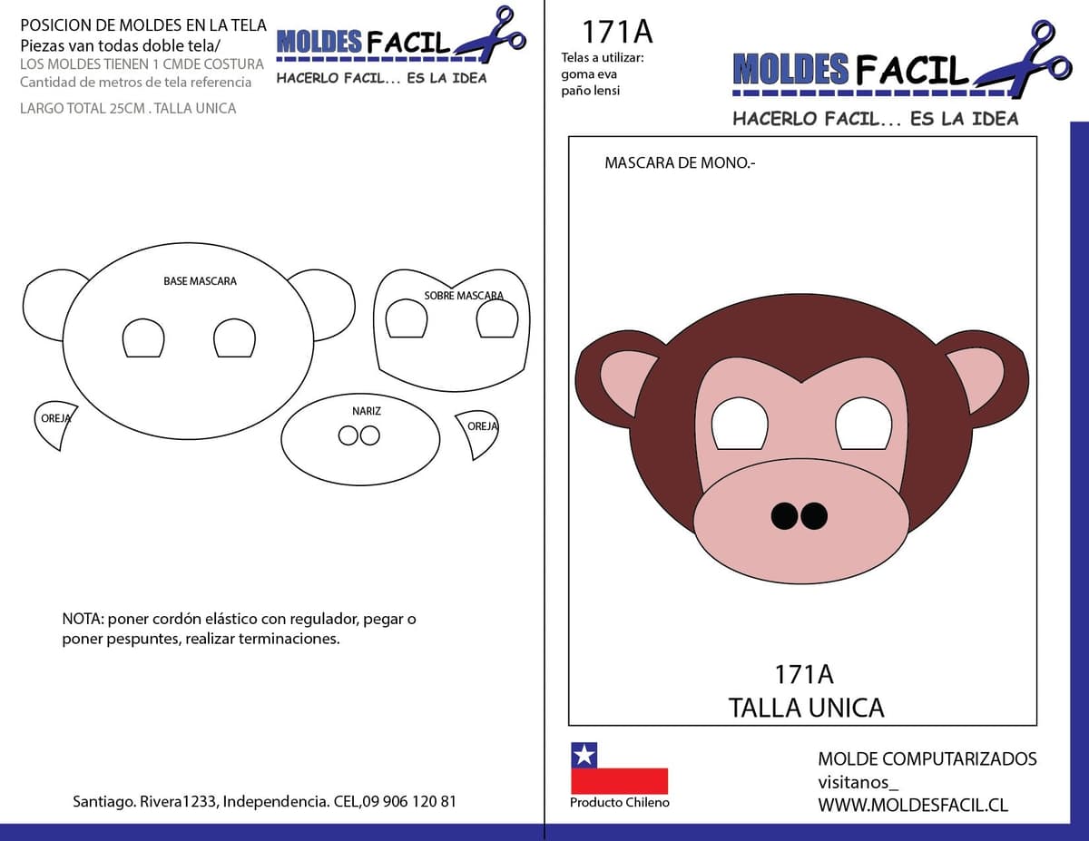 Patrón de costura Máscara de mono — Moldes Fácil