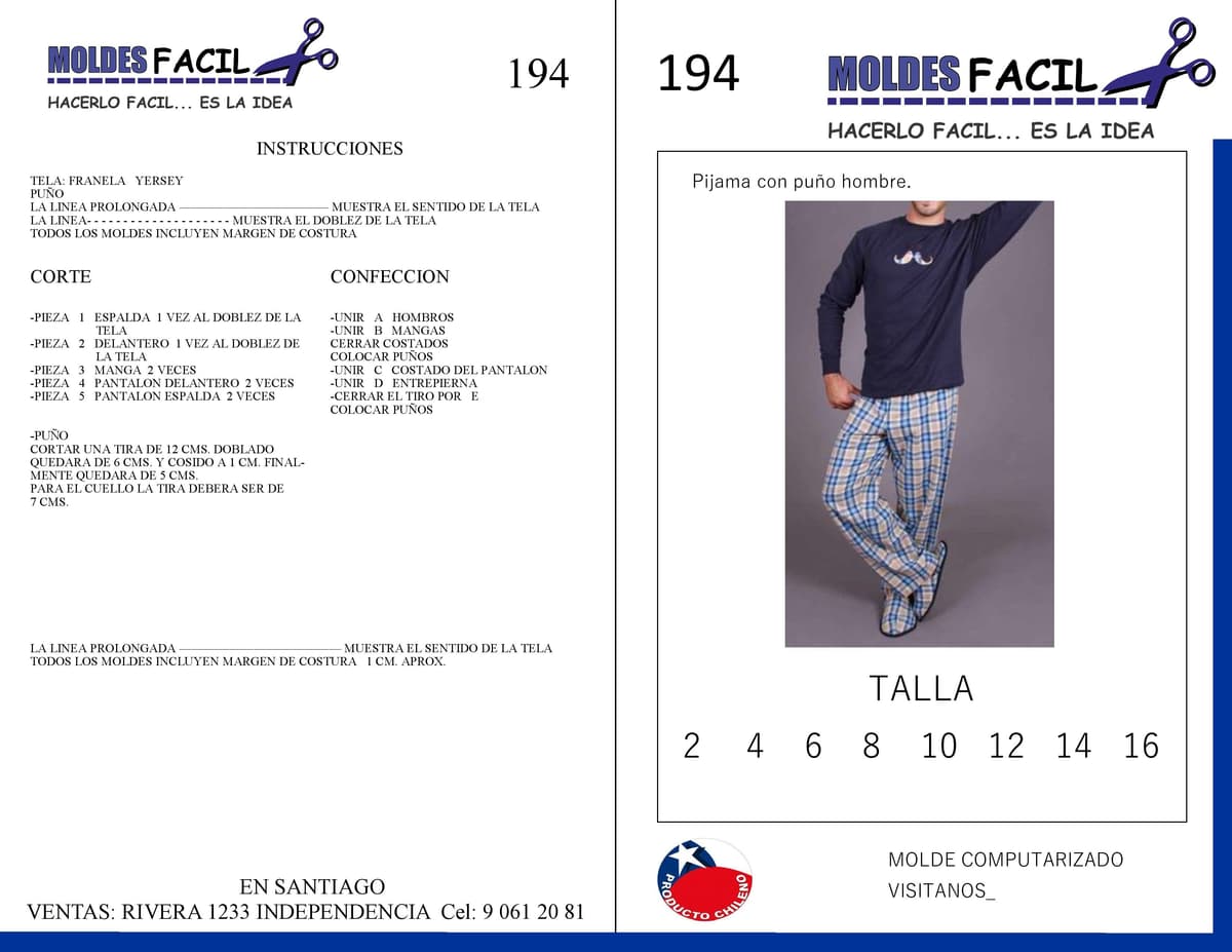 Patrón de costura Pijama con puño hombre — Moldes Fácil