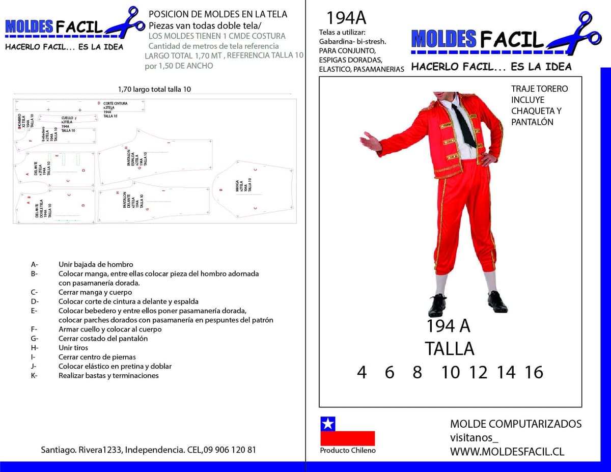 Patrón de costura Traje de Torero Incluye Chaqueta y Pantalón — Moldes Fácil